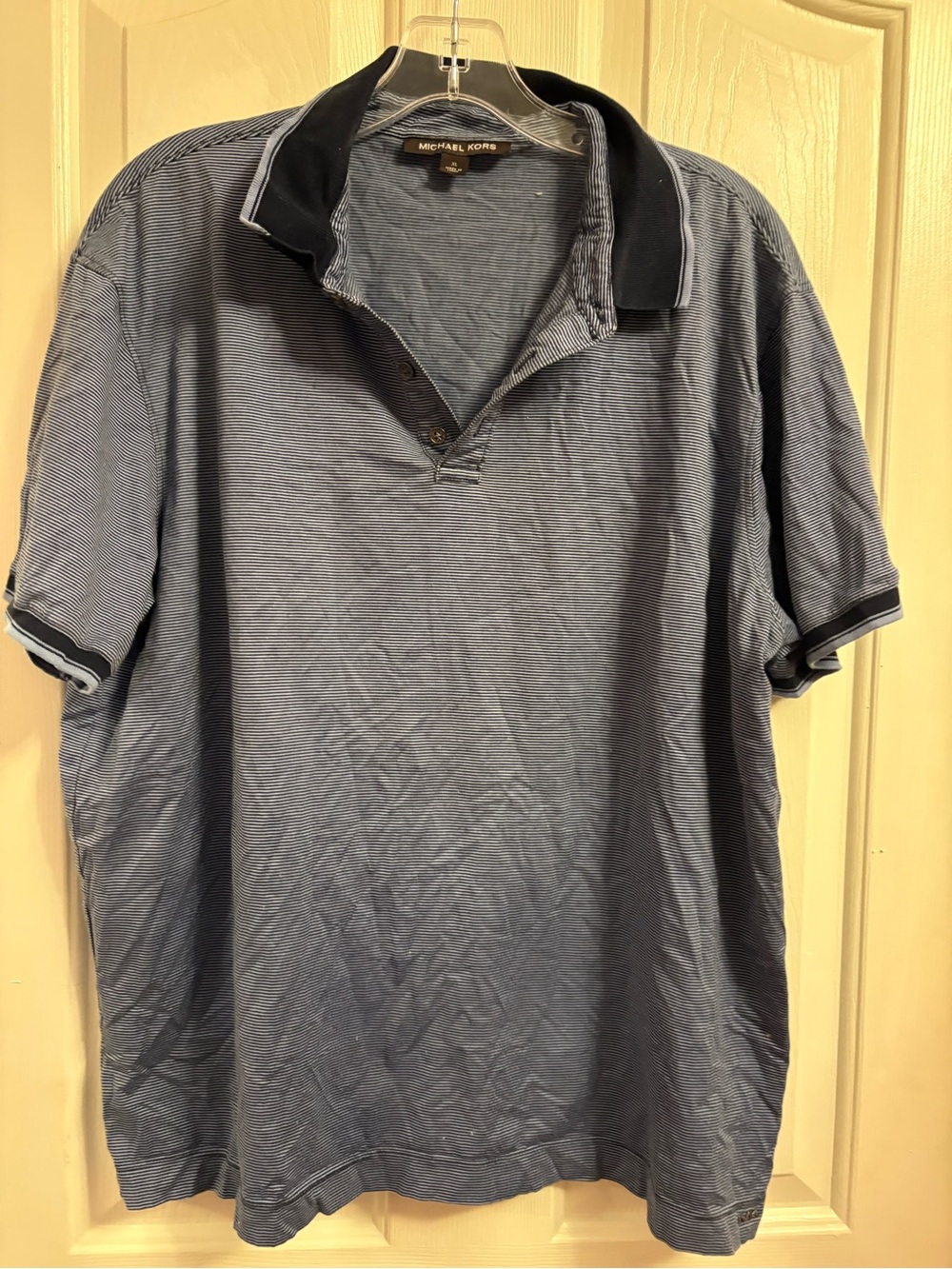 Michael Kors Men's Navy and Black Striped Polo Shirt
